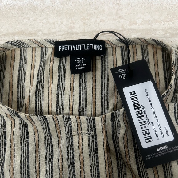PrettyLittleThing Stone Pinstripe Button Down Shift Dress - Picture 4 of 5